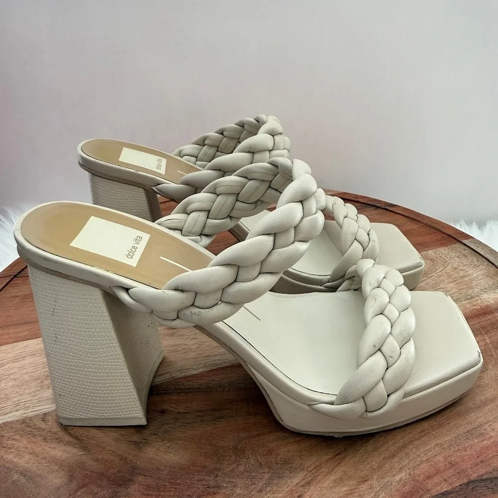 Dolce Vita Womens Cream Braided Platform Block Heel Sandals Square Toe Size 8 - Picture 1 of 12